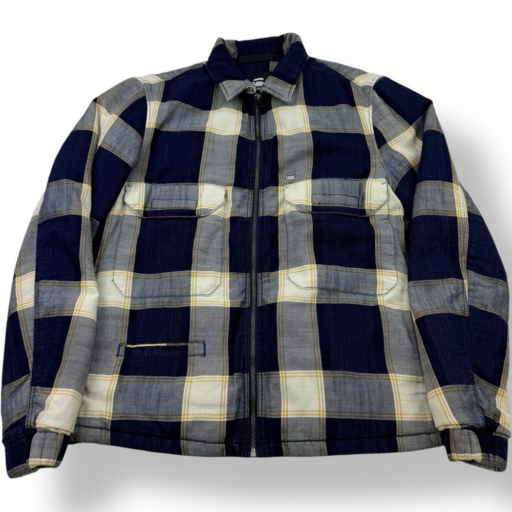 G-Star RAW XPO Indigo Check Full Zip Overshirt Blue Plaid‎ Men's Size Large